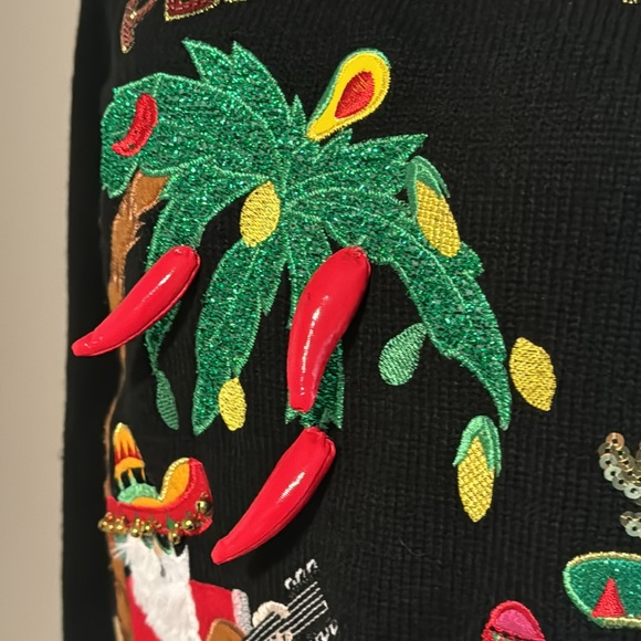 Feliz Navidad Ugly Christmas Sweater Santa Chili Peppers Avocado Sequins Small - Picture 5 of 12